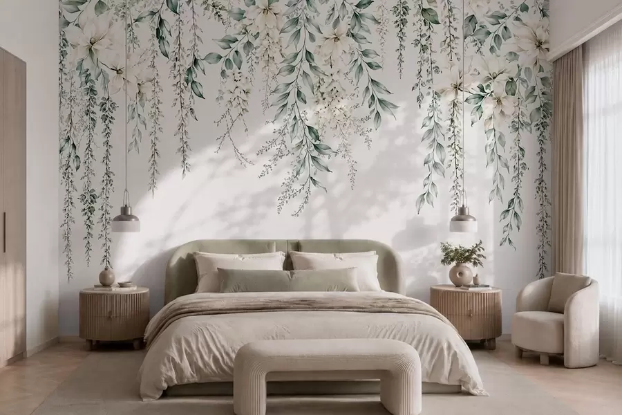 fototapet Flori care se revarsă și frunziș verde pe un fundal deschis w05736