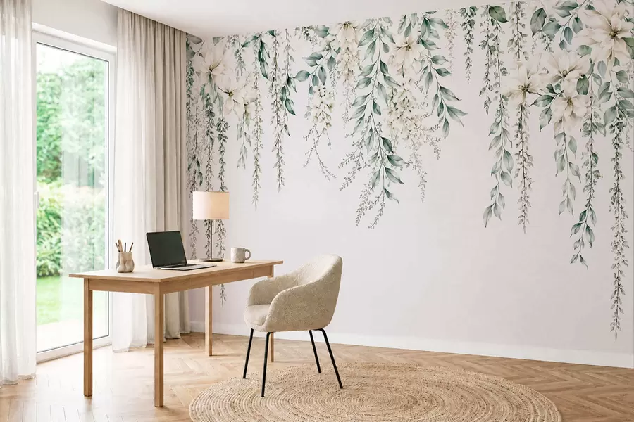 fototapet Flori care se revarsă și frunziș verde pe un fundal deschis w05736