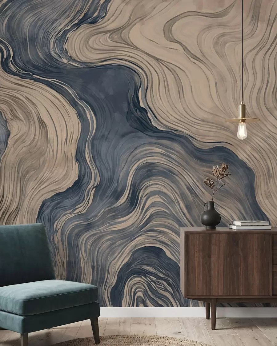 fototapet Un model abstract cu un desen liniar care imită fibrele lemnului, în nuanțe de albastru w05729v1