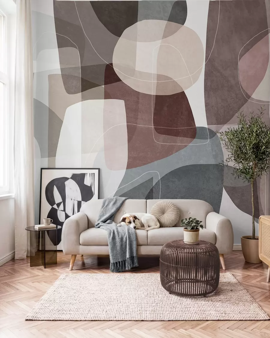 fototapet Forme abstracte în nuanțe discrete de pământ, cu linii subțiri albe și texturi suprapuse w09942