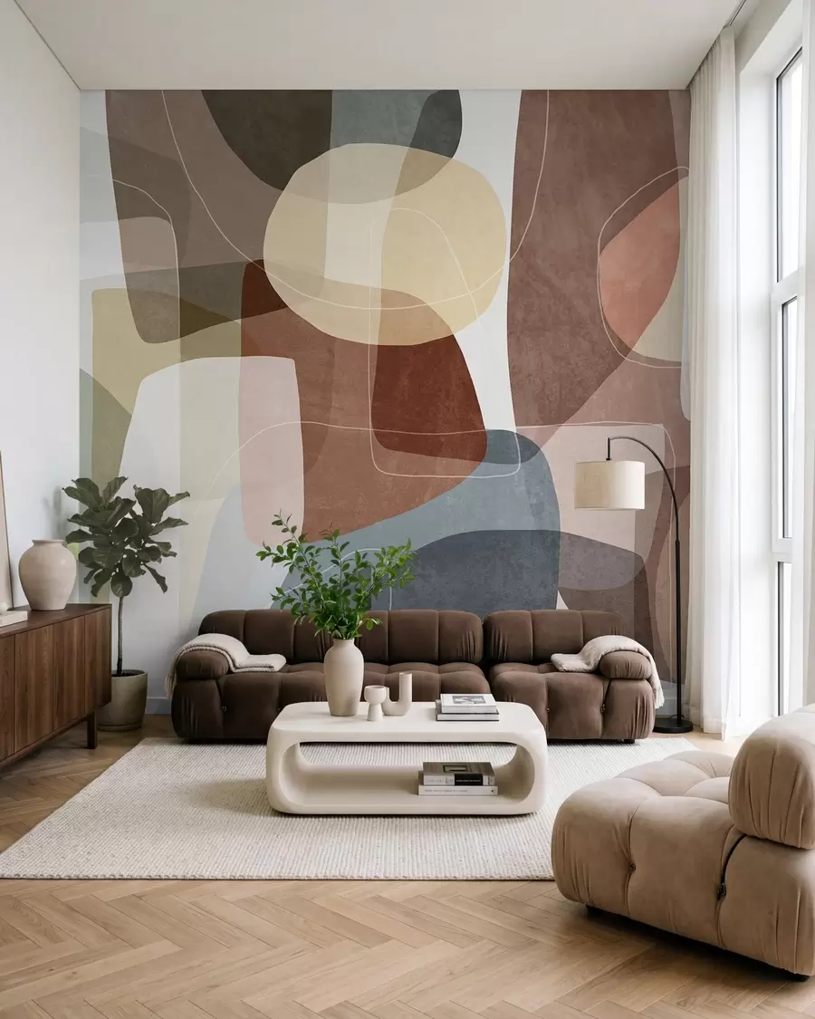 fototapet Forme abstracte în nuanțe discrete de pământ, cu linii subțiri albe și texturi suprapuse w09942v1