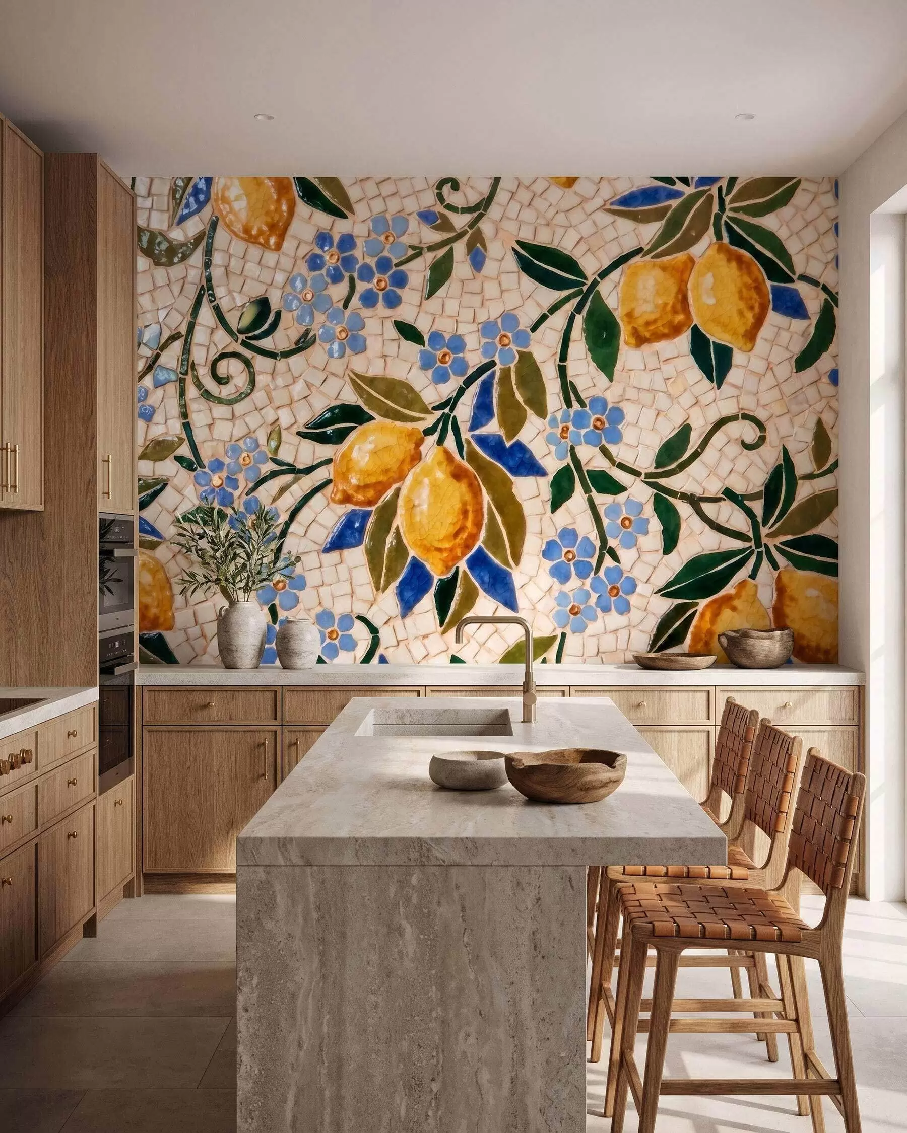 fototapet Compoziție decorativă luminoasă în stil mozaic ceramic, cu lămâi suculente, flori, frunze și ramuri w09948