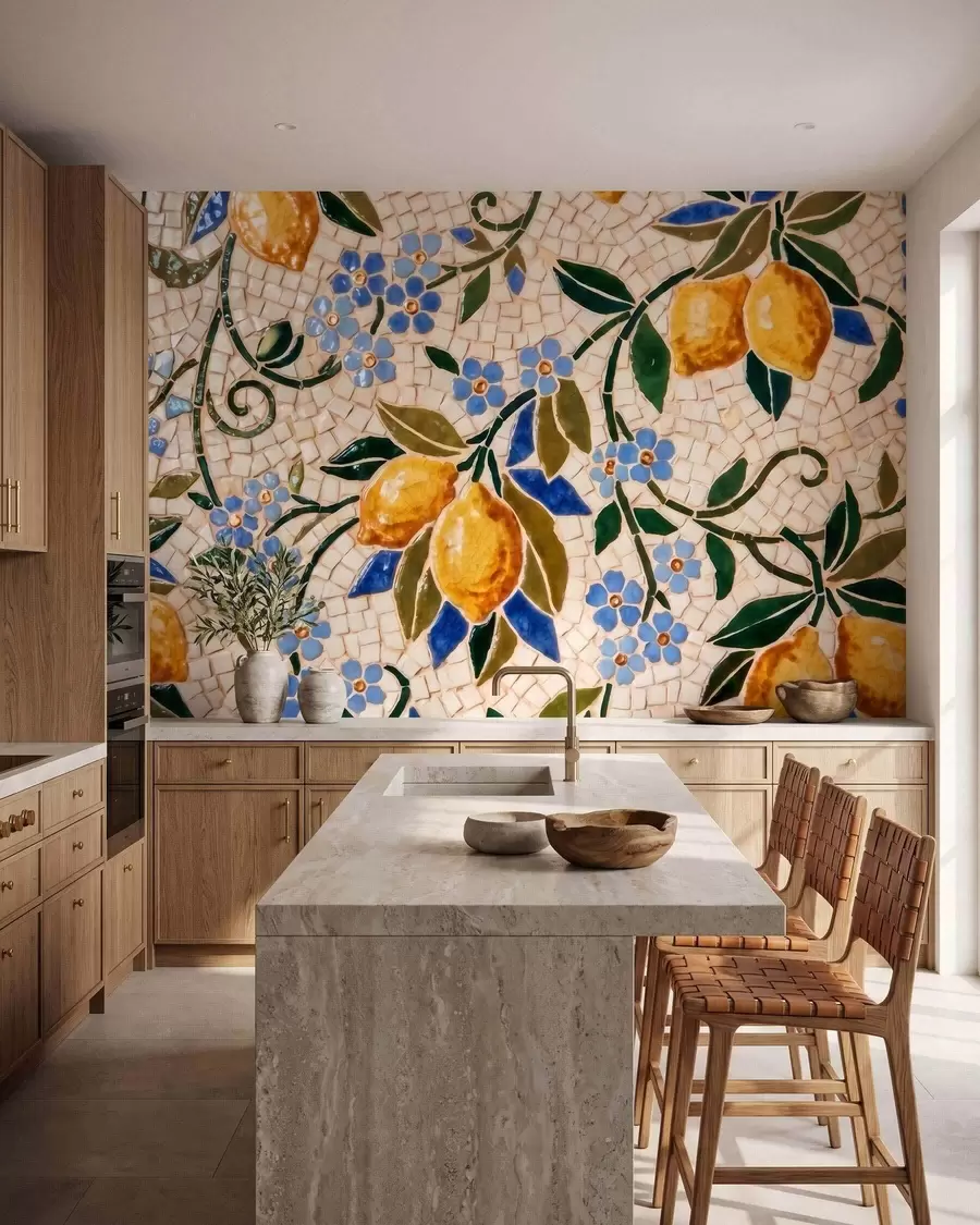 fototapet Compoziție decorativă luminoasă în stil mozaic ceramic, cu lămâi suculente, flori, frunze și ramuri w09948