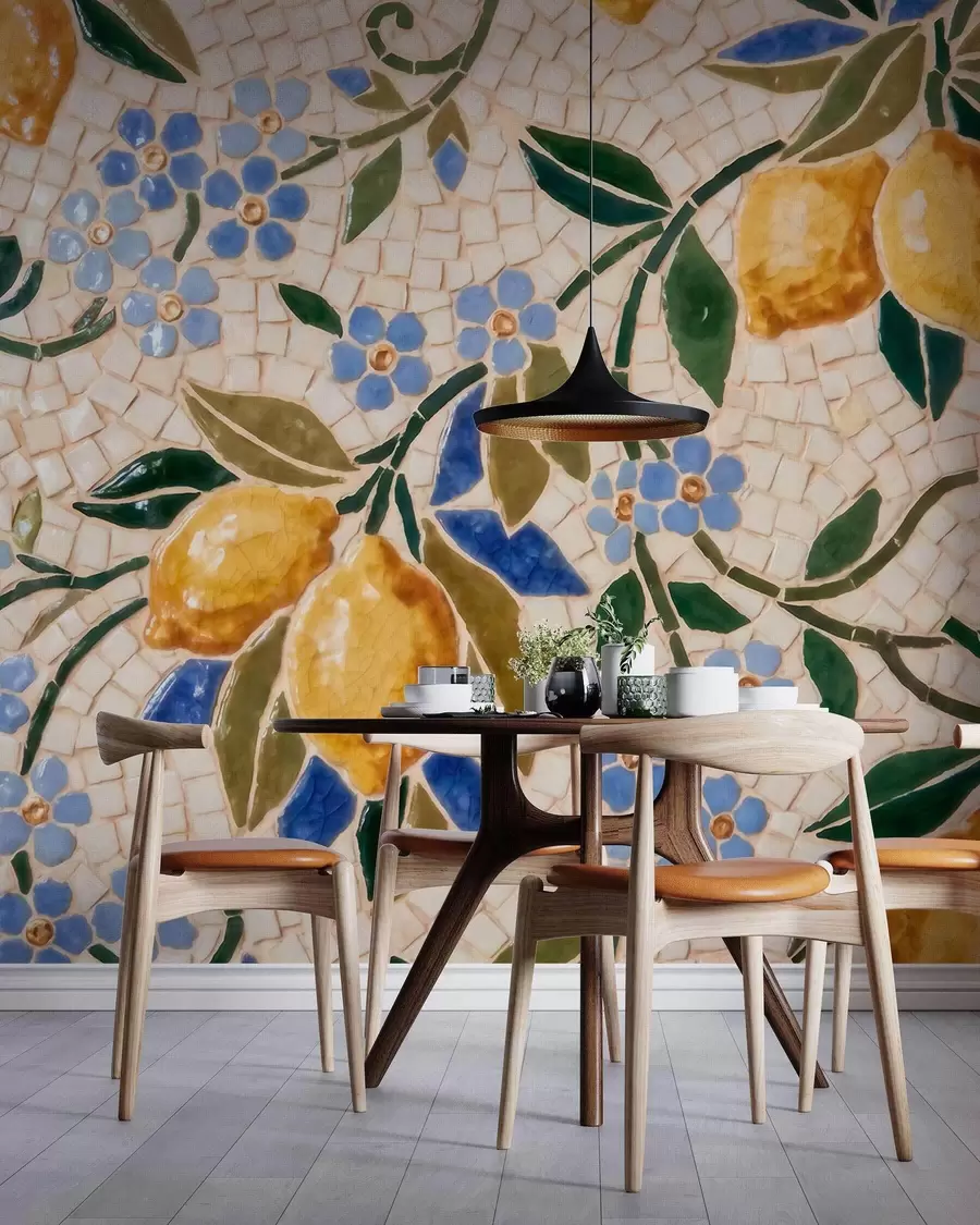 fototapet Compoziție decorativă luminoasă în stil mozaic ceramic, cu lămâi suculente, flori, frunze și ramuri w09948