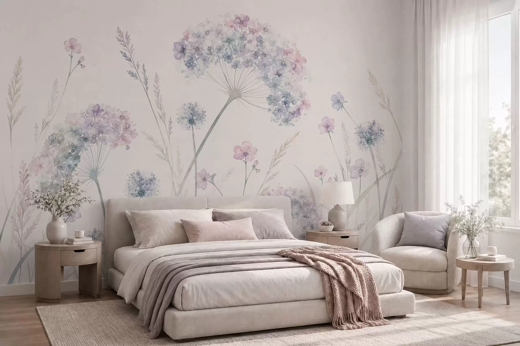 fototapet Flori de câmp în nuanțe delicate de albastru și liliac w05731
