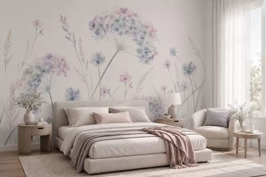 fototapet Flori de câmp în nuanțe delicate de albastru și liliac w05731
