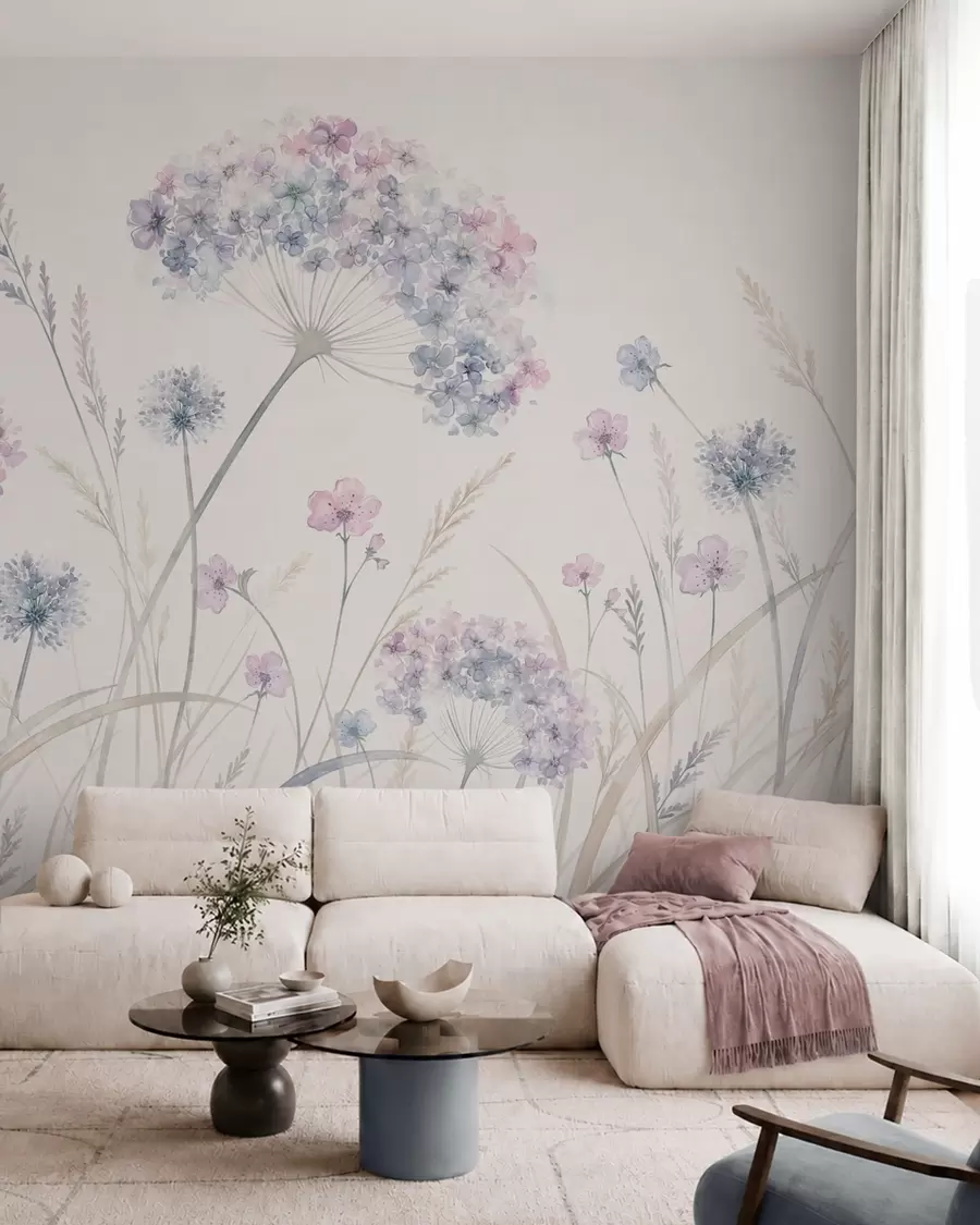 fototapet Flori de câmp în nuanțe delicate de albastru și liliac w05731