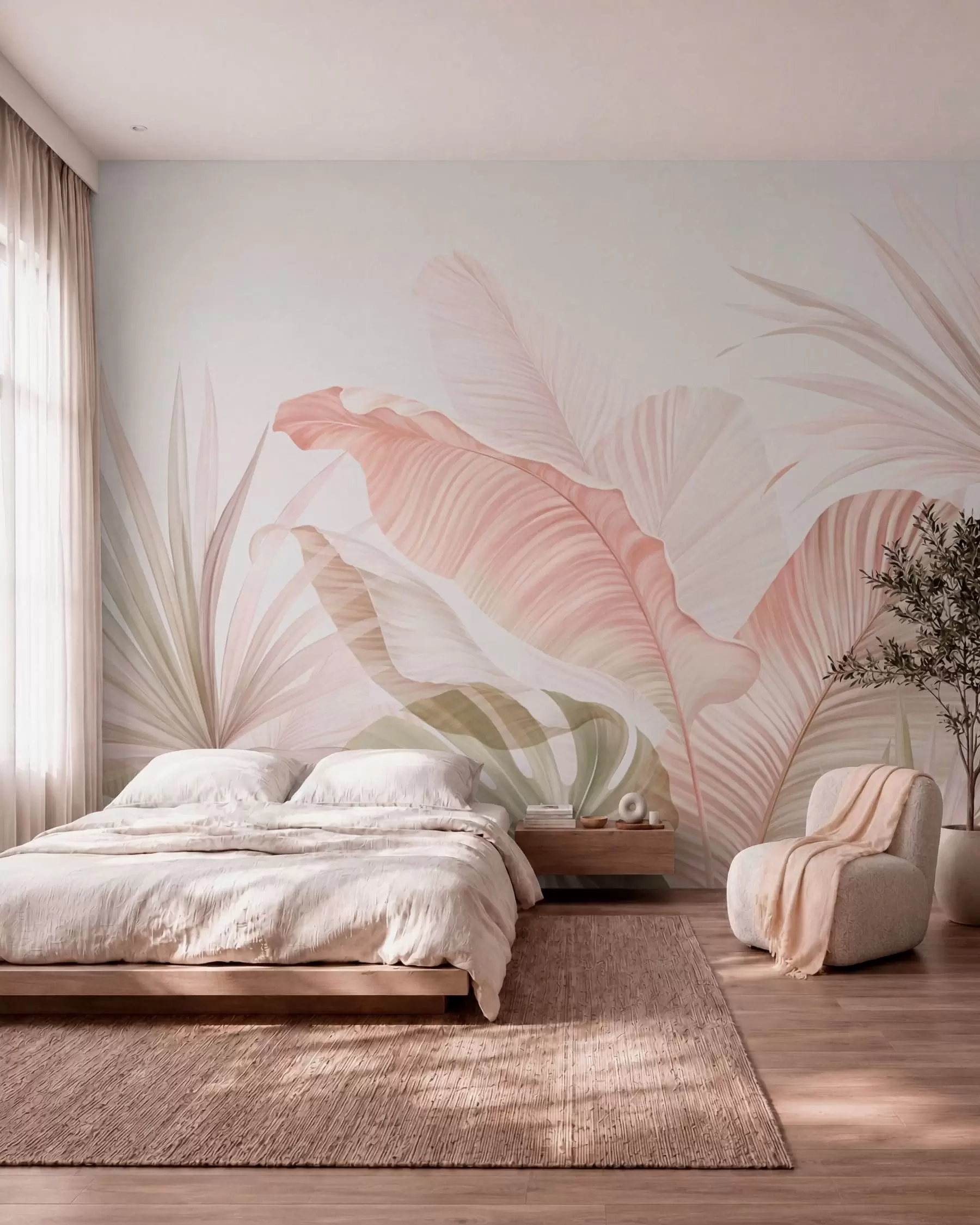 fototapet Frunze tropicale delicate, în nuanțe pastelate w05810