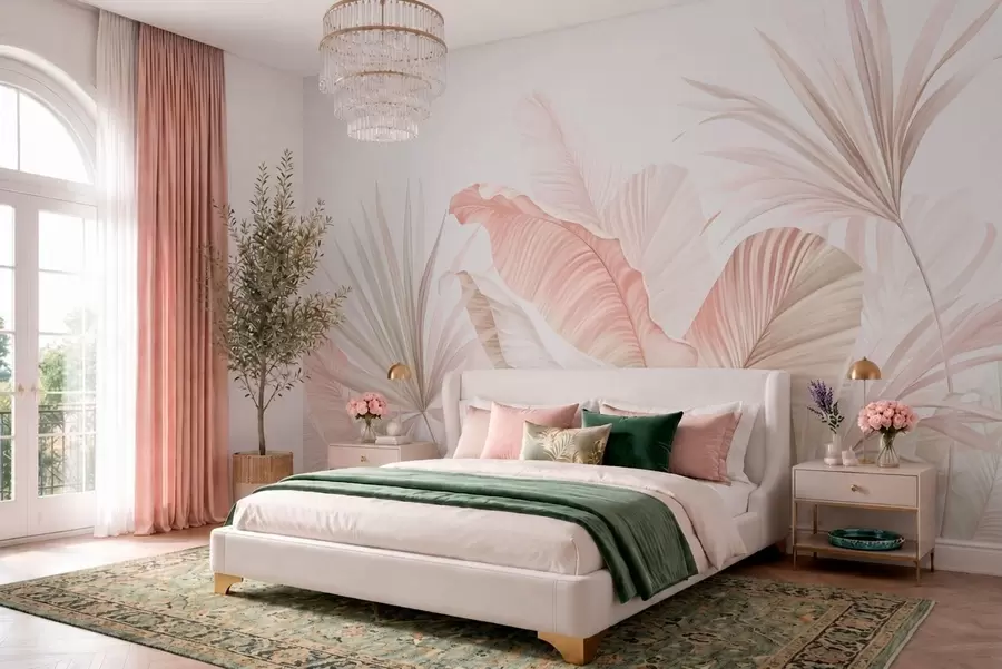 fototapet Frunze tropicale delicate, în nuanțe pastelate w05810