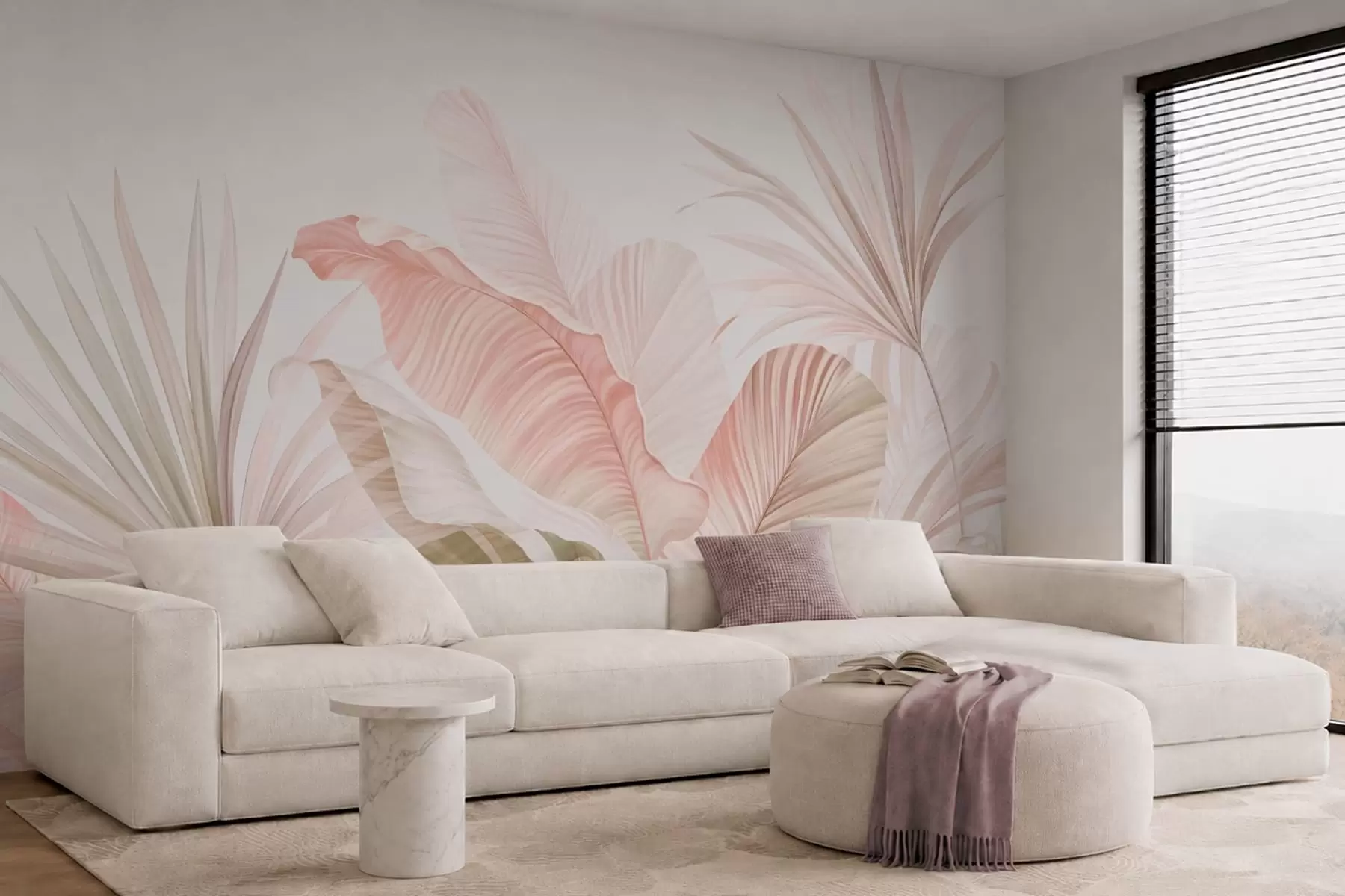 fototapet Frunze tropicale delicate, în nuanțe pastelate w05810