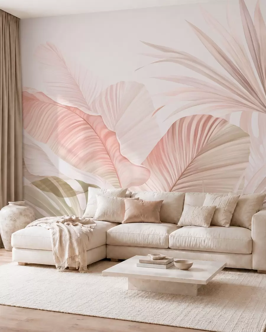 fototapet Frunze tropicale delicate, în nuanțe pastelate w05810