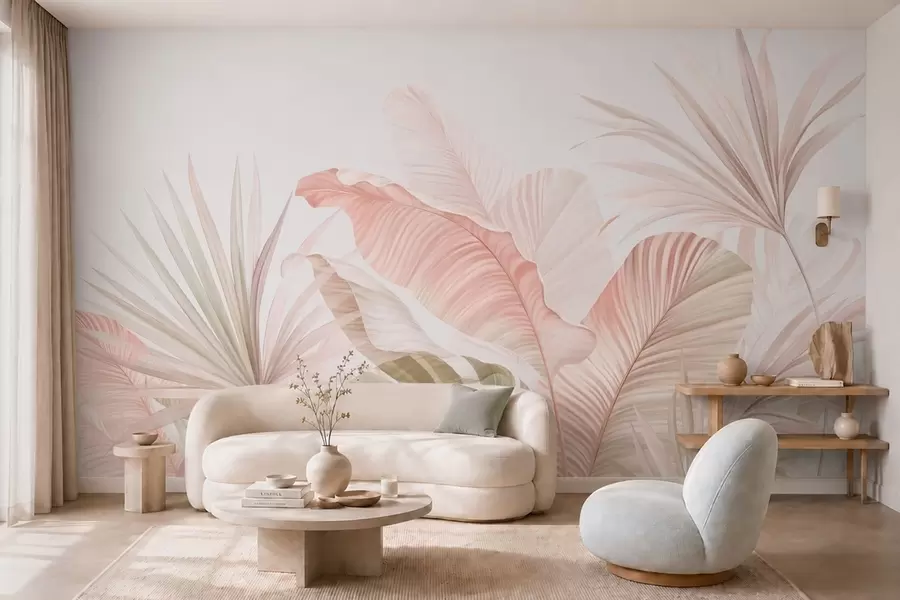 fototapet Frunze tropicale delicate, în nuanțe pastelate w05810