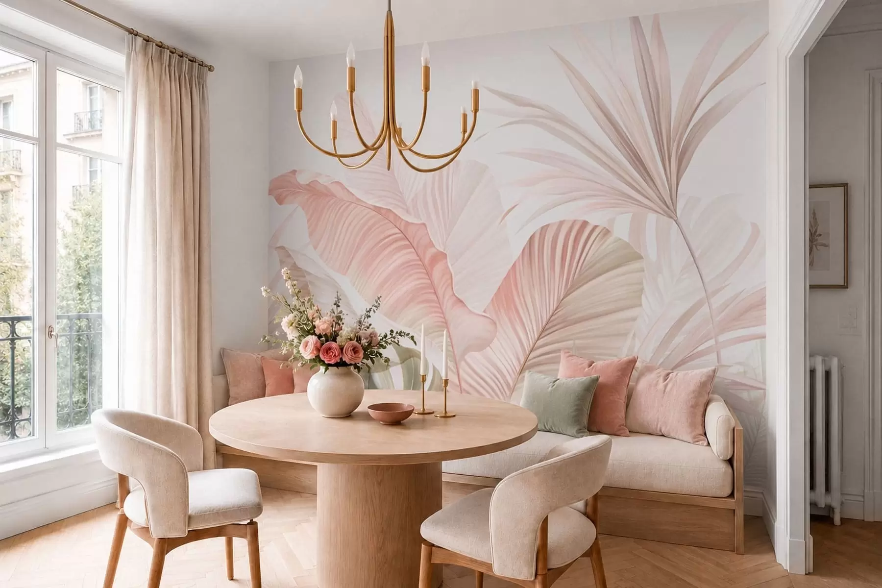 fototapet Frunze tropicale delicate, în nuanțe pastelate w05810