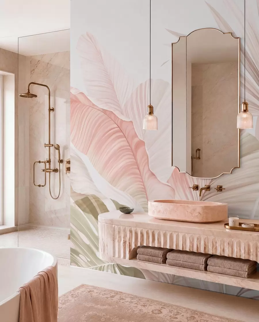 fototapet Frunze tropicale delicate, în nuanțe pastelate w05810
