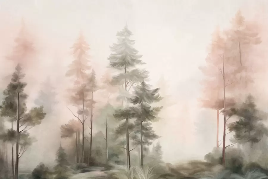 fototapet Pădure cu textură, cu pini înalți în nuanțe de verde și roz, învăluită într-o ceață ușoară și difuză w09982
