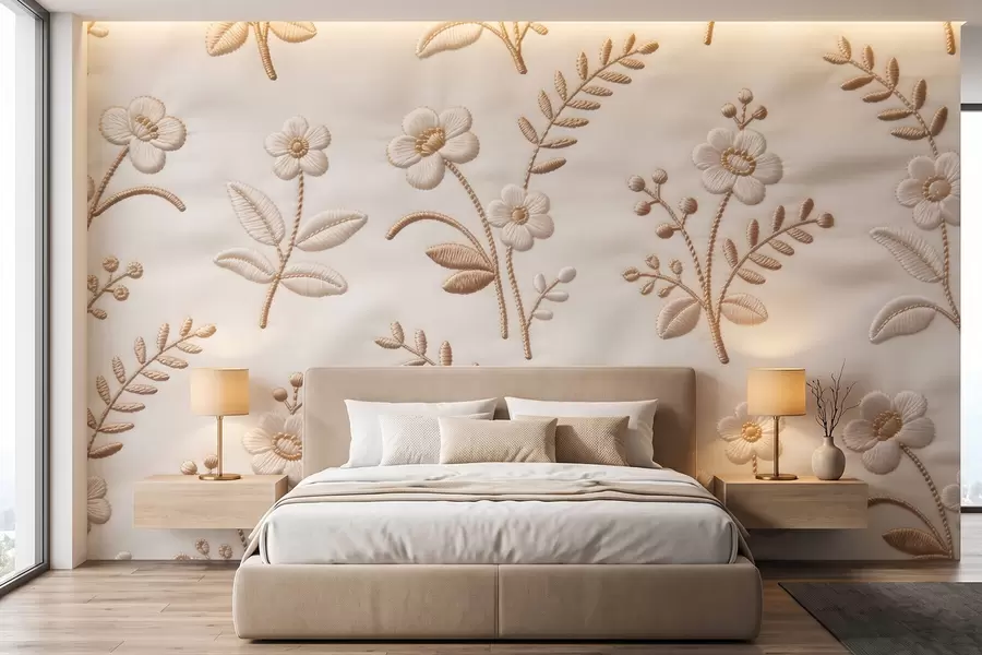 fototapet Model floral brodat imitație cu fir galben pe țesătură w09953