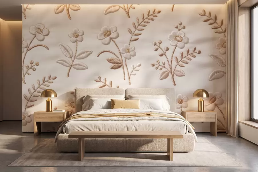 fototapet Model floral brodat imitație cu fir galben pe țesătură w09953