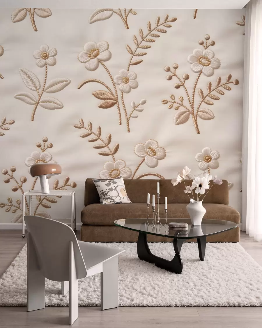 fototapet Model floral brodat imitație cu fir galben pe țesătură w09953