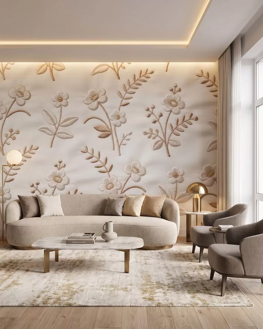 fototapet Model floral brodat imitație cu fir galben pe țesătură w09953