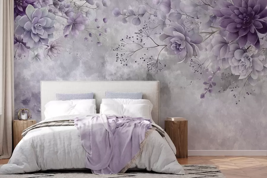 fototapet O imagine de sus în jos a unor flori fantastice în stil retro, în nuanțe de violet w05753v2