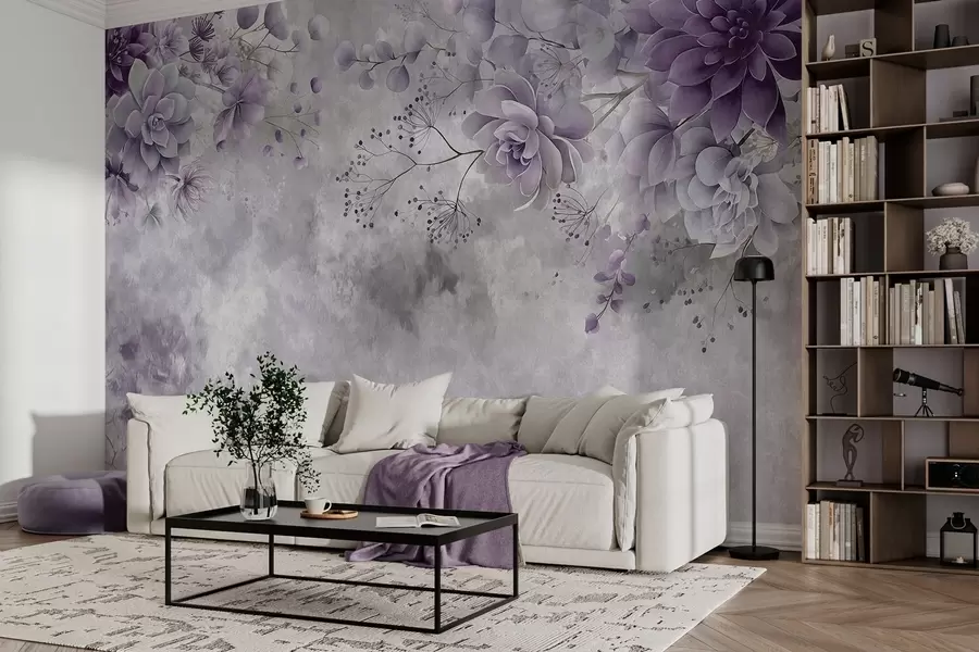fototapet O imagine de sus în jos a unor flori fantastice în stil retro, în nuanțe de violet w05753v2