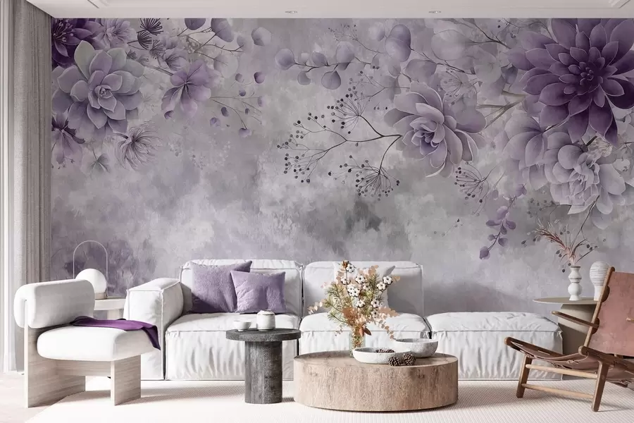 fototapet O imagine de sus în jos a unor flori fantastice în stil retro, în nuanțe de violet w05753v2