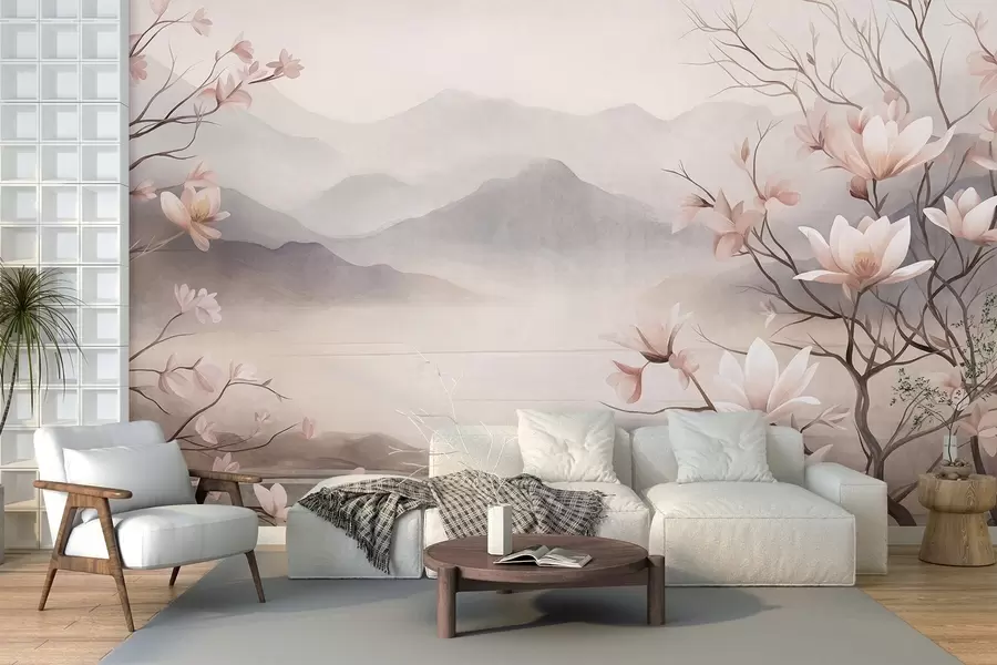 fototapet Munți și ramuri de magnolie roz înflorite, peisaj cu textură w10013