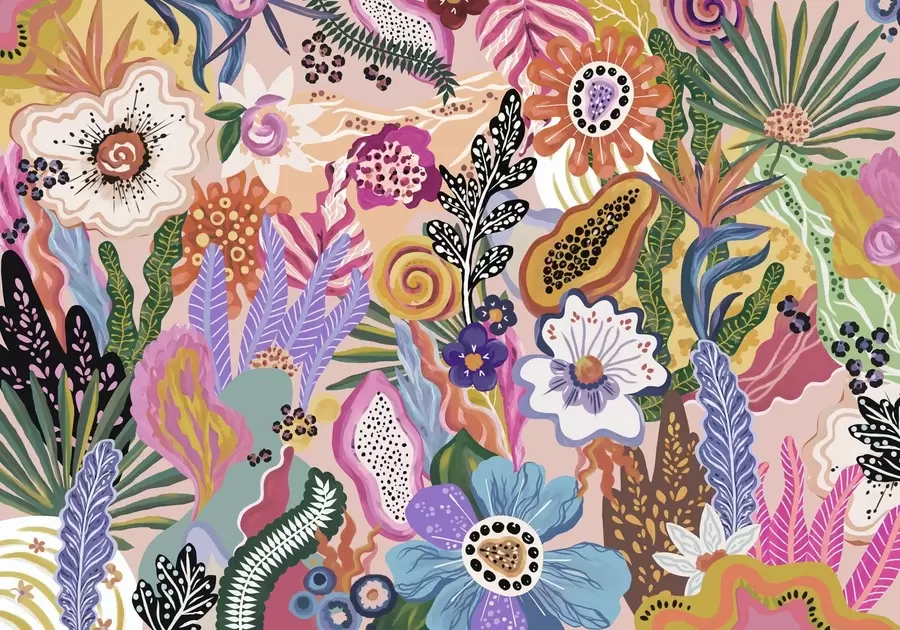 fototapet Motiv tropical plin de viață, cu flori, frunze și fructe colorate w05815