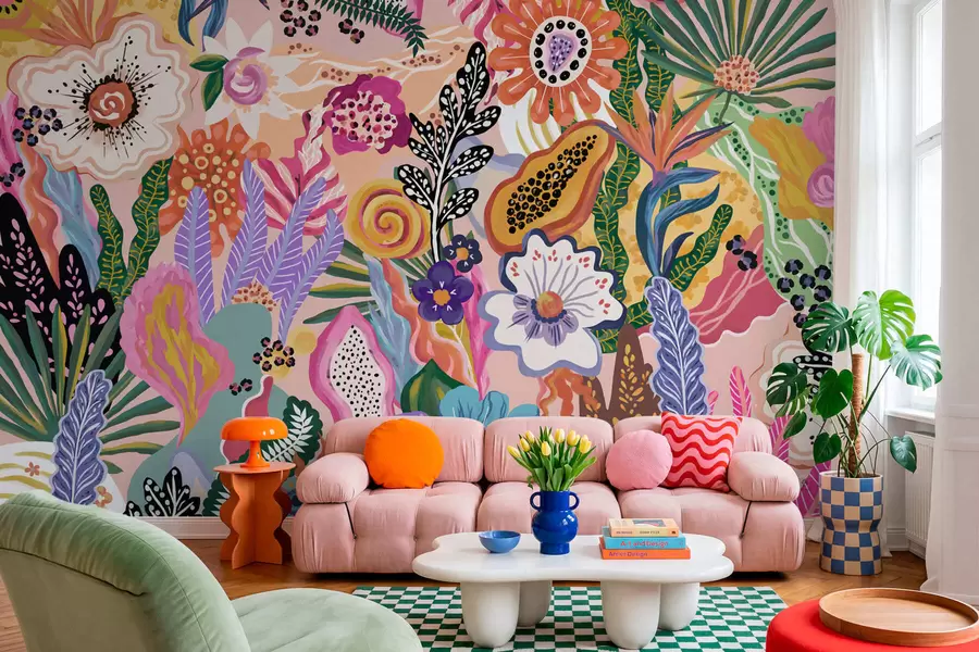 fototapet Motiv tropical plin de viață, cu flori, frunze și fructe colorate w05815