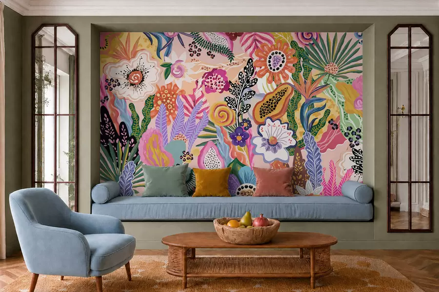 fototapet Motiv tropical plin de viață, cu flori, frunze și fructe colorate w05815