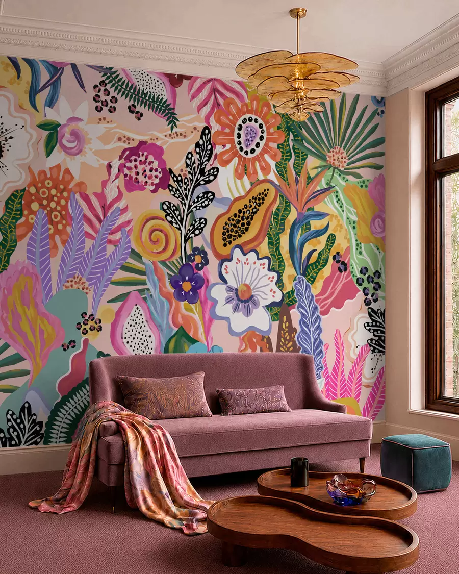 fototapet Motiv tropical plin de viață, cu flori, frunze și fructe colorate w05815