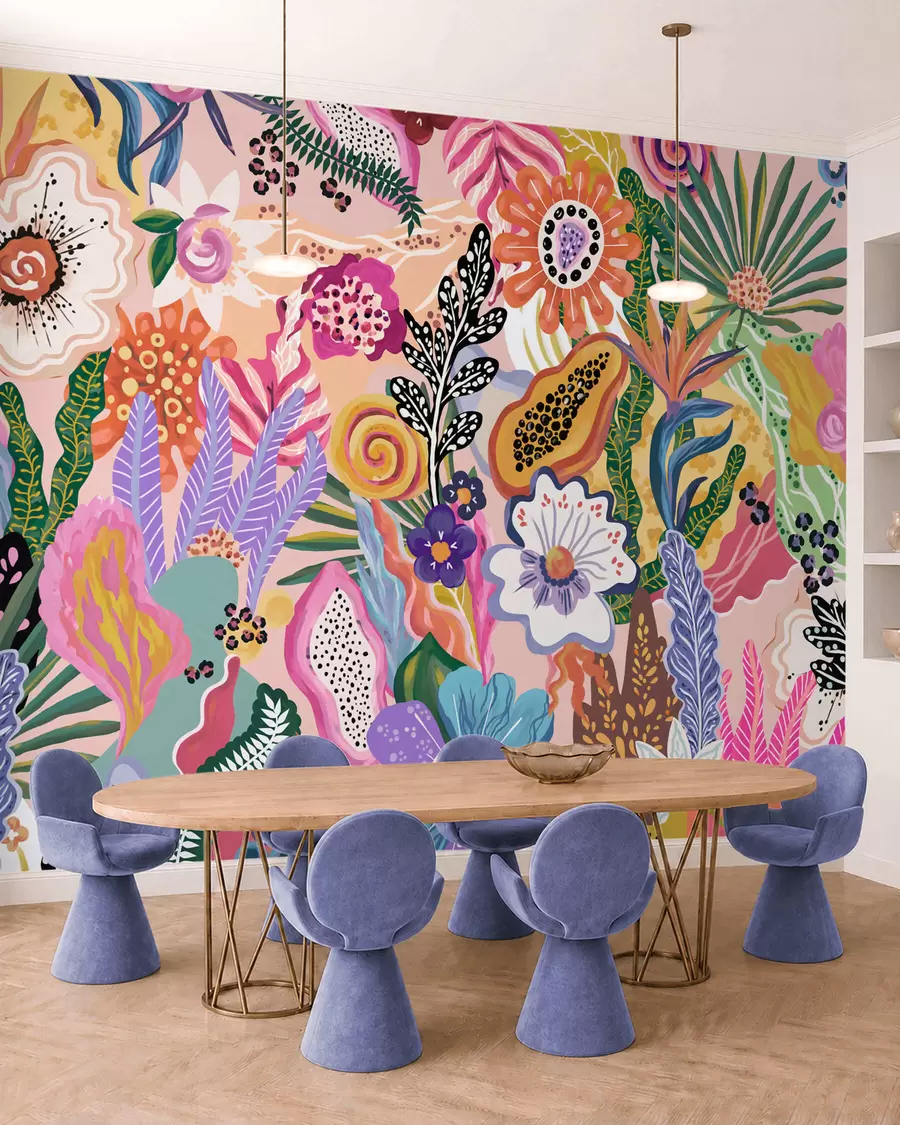 fototapet Motiv tropical plin de viață, cu flori, frunze și fructe colorate w05815