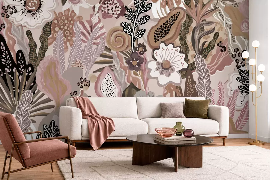 fototapet Motiv tropical în stil pudrat, cu flori, frunze și nuanțe delicate, discrete w05815v1