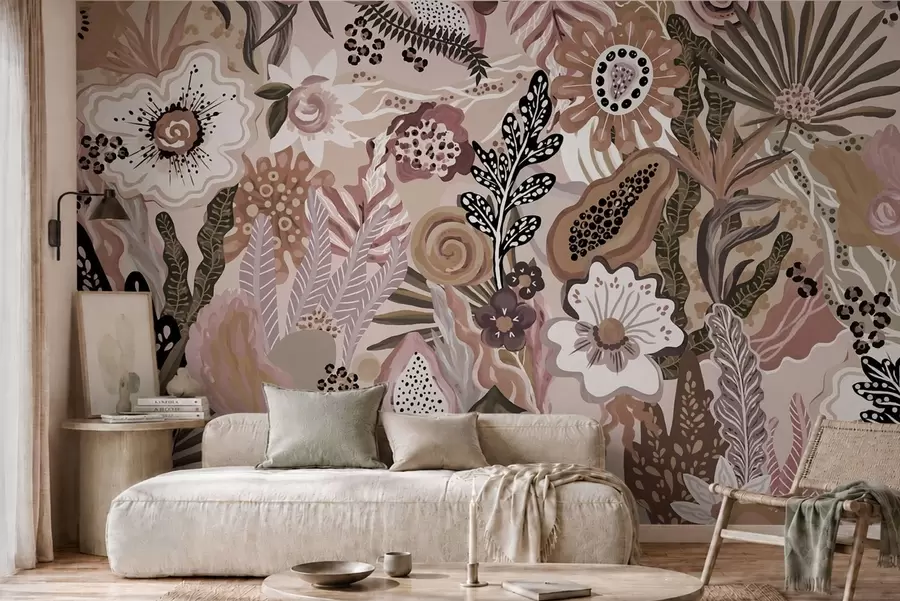 fototapet Motiv tropical în stil pudrat, cu flori, frunze și nuanțe delicate, discrete w05815v1
