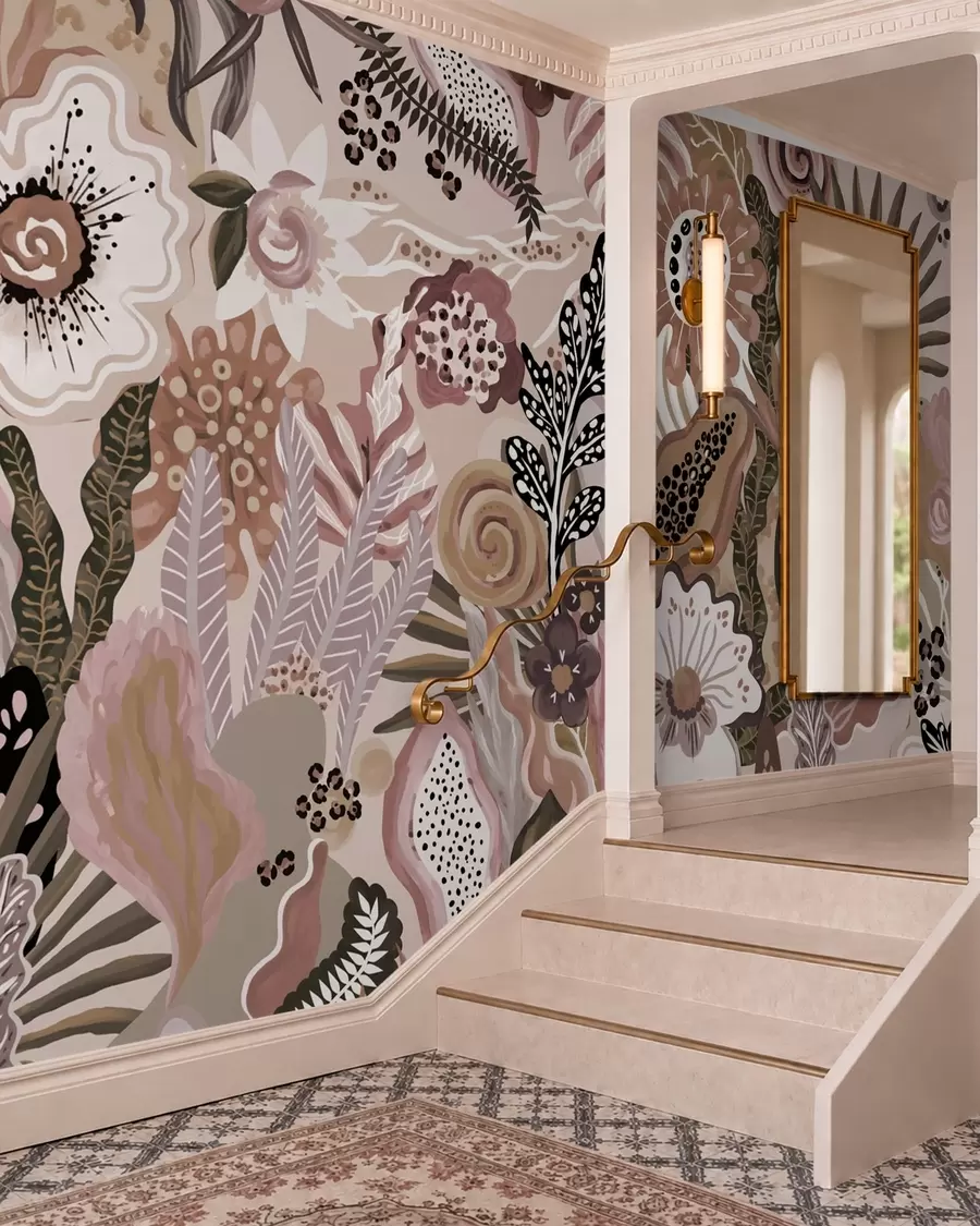 fototapet Motiv tropical în stil pudrat, cu flori, frunze și nuanțe delicate, discrete w05815v1