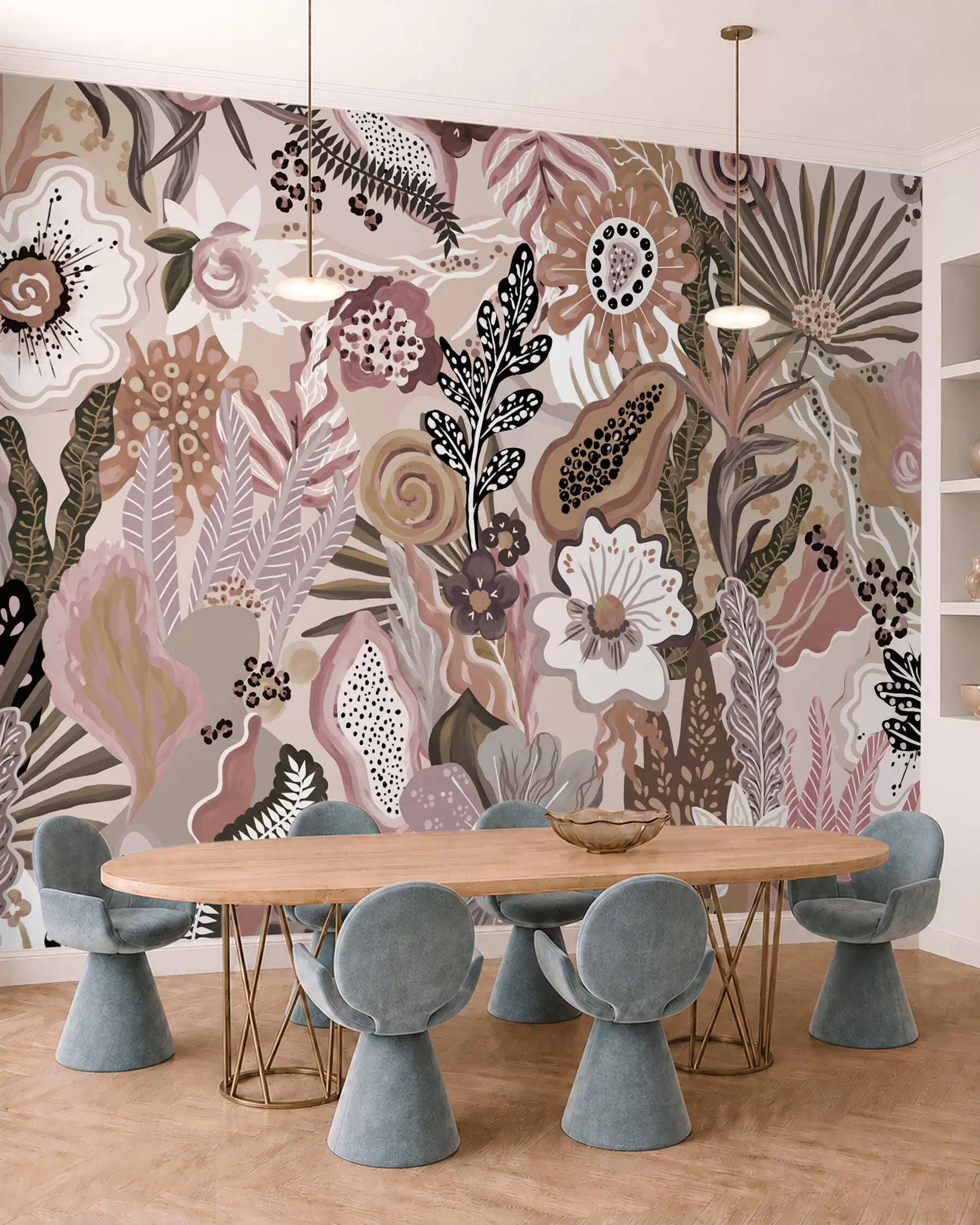 fototapet Motiv tropical în stil pudrat, cu flori, frunze și nuanțe delicate, discrete w05815v1