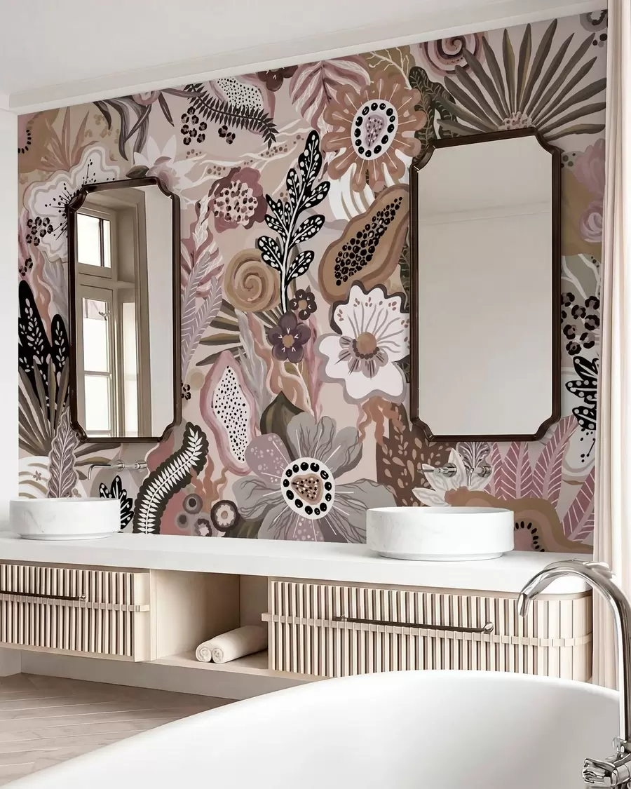 fototapet Motiv tropical în stil pudrat, cu flori, frunze și nuanțe delicate, discrete w05815v1