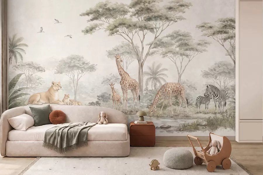 fototapet Safari cu girafe, lei, zebre și copaci tropicali w05804