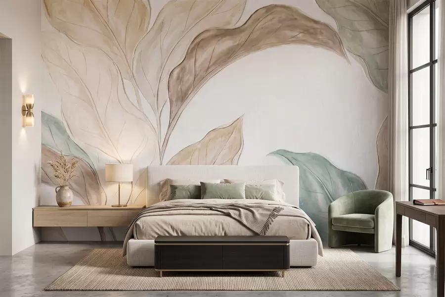 fototapet Imitare a unor frunze delicate, de culoare bej-verde, realizate prin turnare în relief w09991