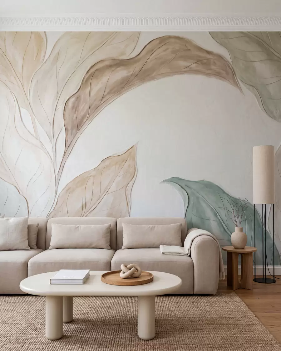 fototapet Imitare a unor frunze delicate, de culoare bej-verde, realizate prin turnare în relief w09991