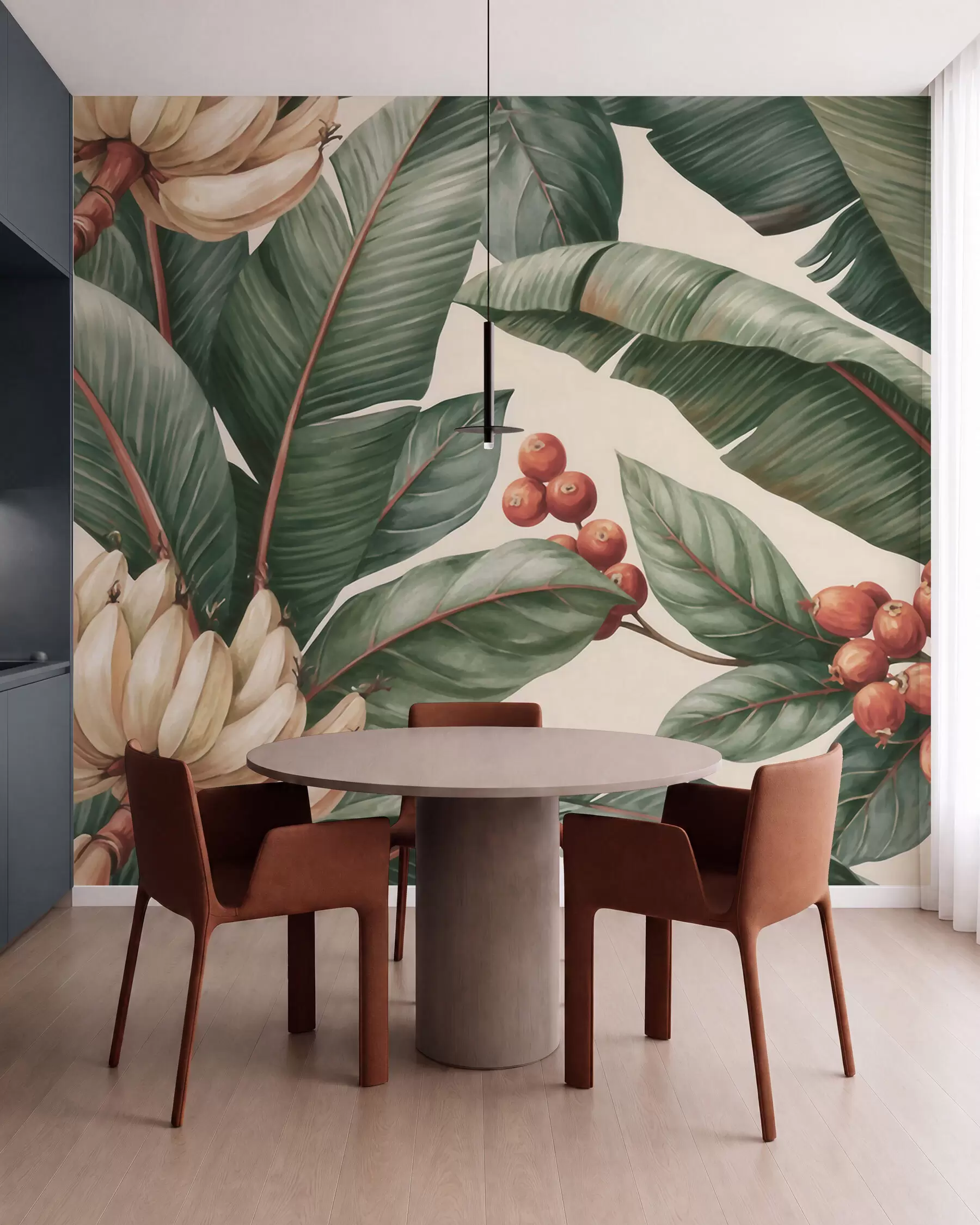 fototapet Frunze tropicale de bananier cu ciorchini de boabe roșii de cafea, în stil acuarelă w09997