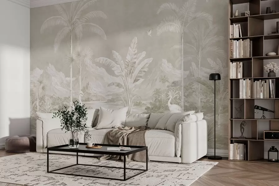 fototapet Peisaj tropical luminos, cu palmieri, păsări și munți w05819v1