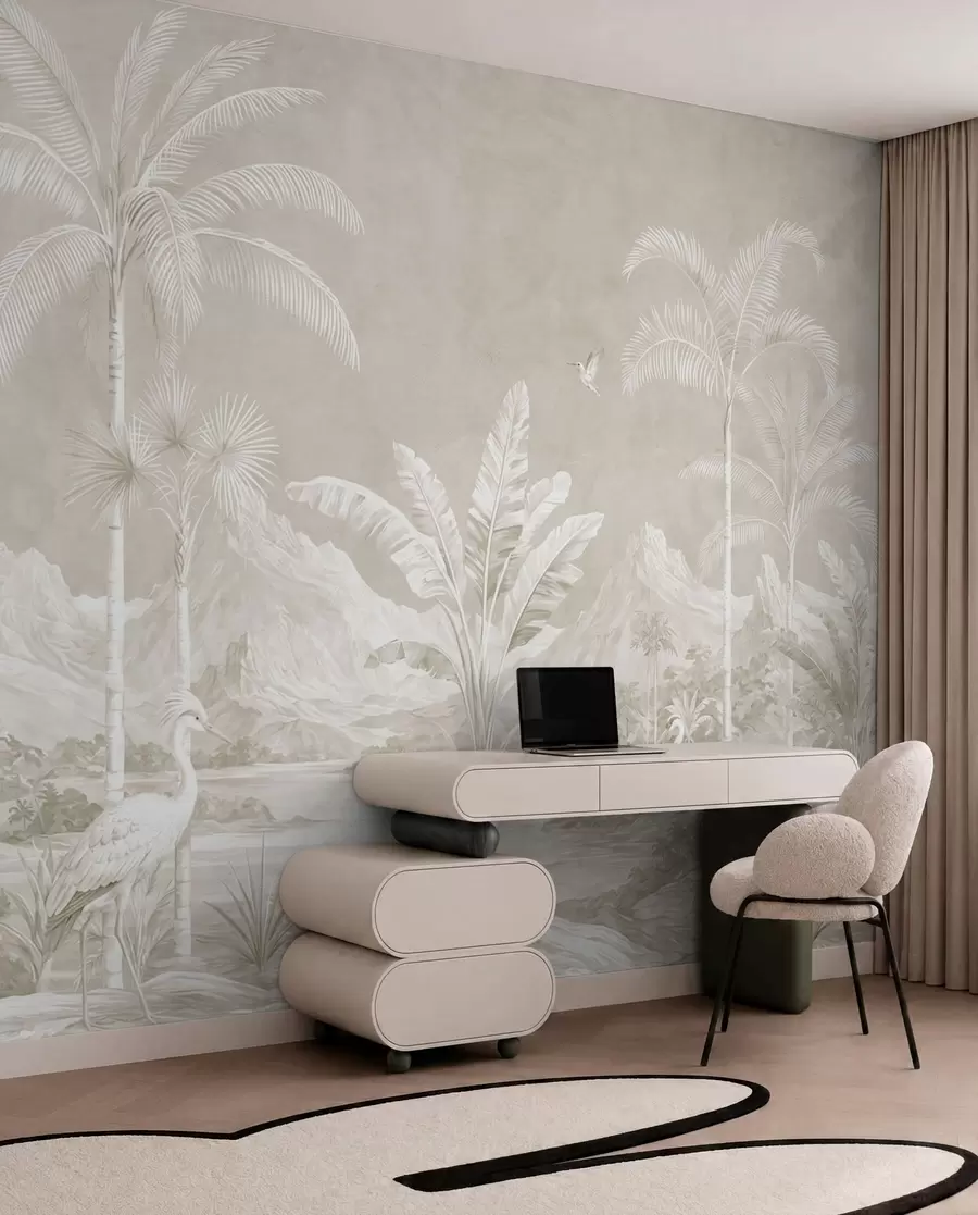 fototapet Peisaj tropical luminos, cu palmieri, păsări și munți w05819v1