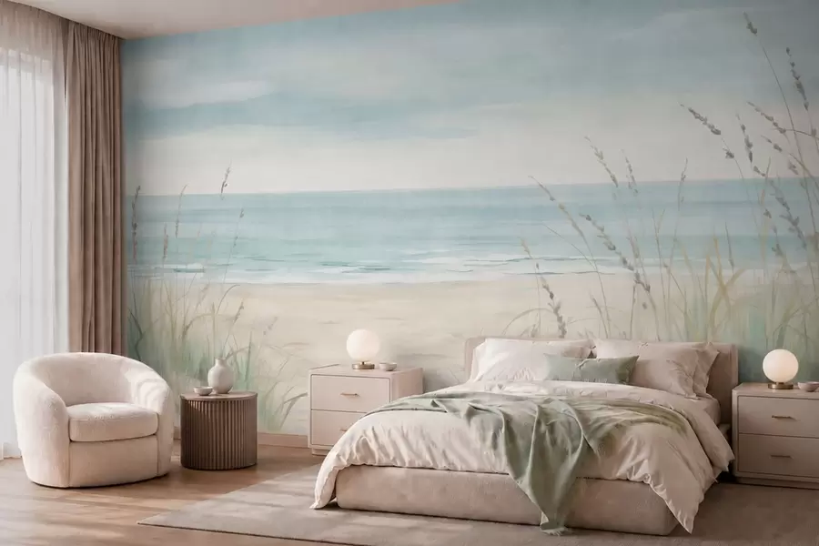 fototapet Nisip cu cochilii, o plajă liniștită și iarbă în nuanțe delicate de pastel w05821