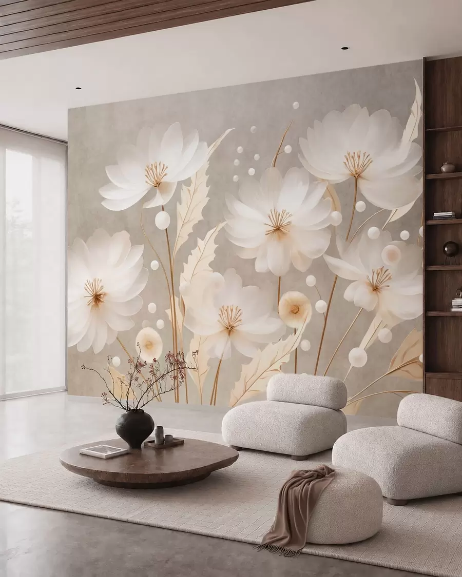 fototapet Flori mari, albe, cu frunze decorative pe un fundal gri w05857