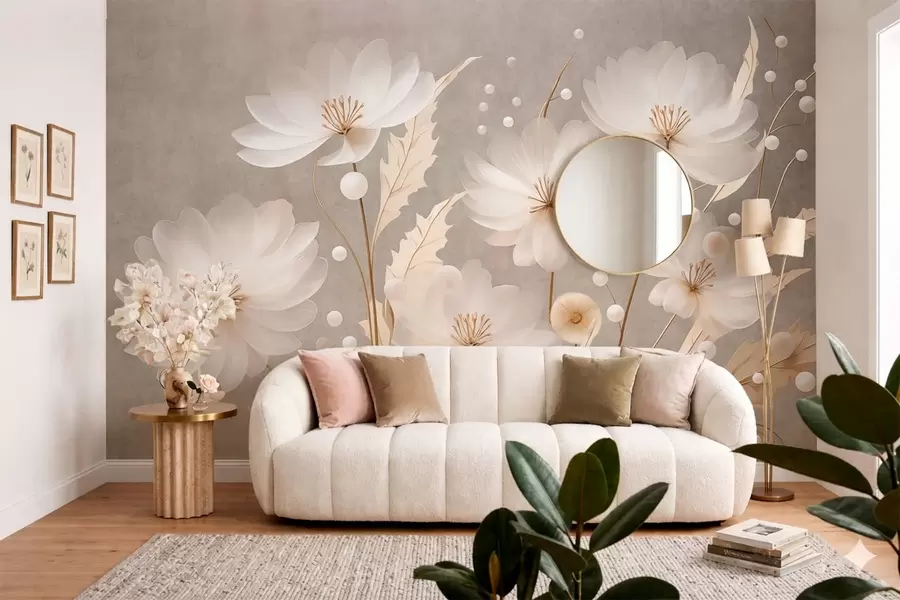 fototapet Flori mari, albe, cu frunze decorative pe un fundal gri w05857