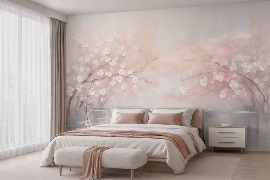 fototapet Ramuri înflorite deasupra apei liniștite, în nuanțe delicate de roz w05858