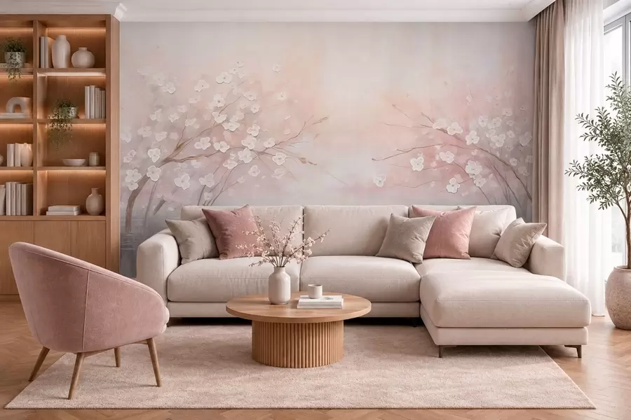 fototapet Ramuri înflorite deasupra apei liniștite, în nuanțe delicate de roz w05858