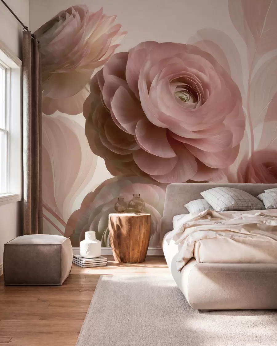 fototapet Flori voluminoase de ranunculus de culoare roz pudră, cu petale translucide în nuanțe delicate de roz și bej w09998