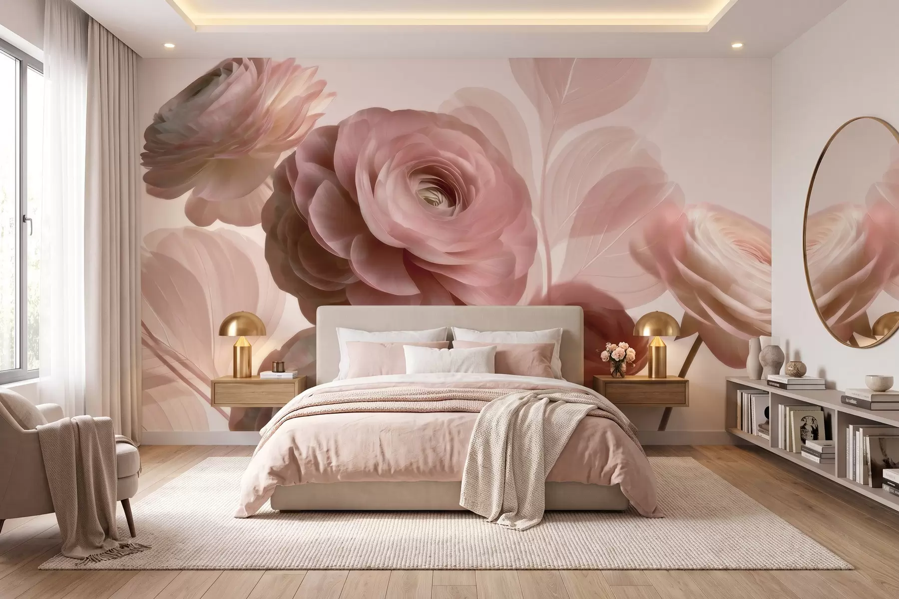 fototapet Flori voluminoase de ranunculus de culoare roz pudră, cu petale translucide în nuanțe delicate de roz și bej w09998